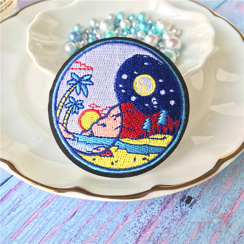 Miếng vá ủi thêu trang trí thủ công hình ảnh biển và núi ngoài trời bình minh và hoàng hôn 6CM