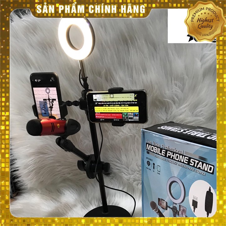 Đèn Livestream 4 in 1 Tích Hợp Giá Đỡ 2 Điện Thoại + 1 Micro, Có 3 Chế Độ Sáng, Kẹp Điện Thoại Để Bàn Quay Video