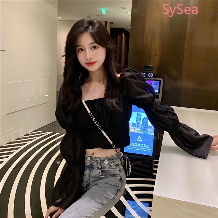 Áo kiểu tay phồng dài đính nơ phong cách hè thanh lịch cho nữ