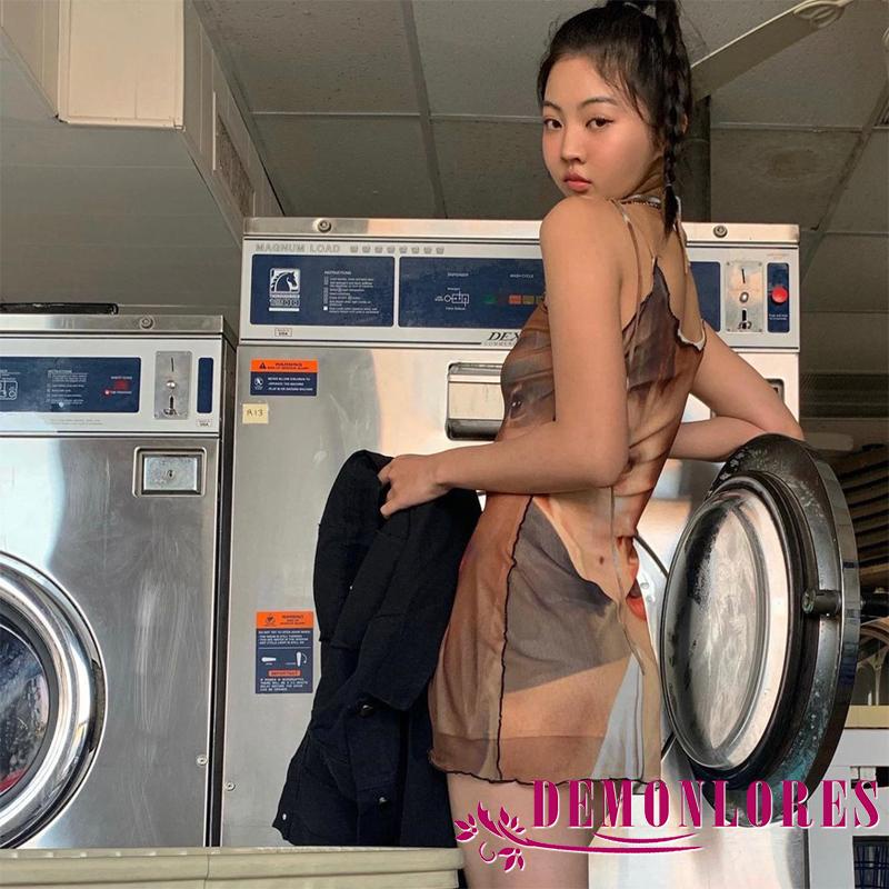 Đầm không tay cổ chữ U in họa tiết chân dung thời thượng dành cho nữ