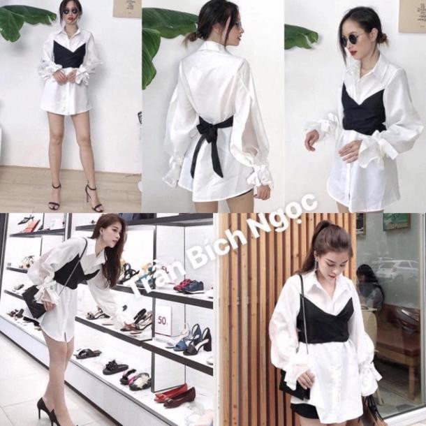 ÁO GIẤU QUẦN DOUBLE SHIRT DÁNG DÀI - ÁO SƠMI LIỀN TAY ĐẮP CHÉO CỘT NƠ ĐEN PHÍA SAU -ĐẦM ulzzang ་