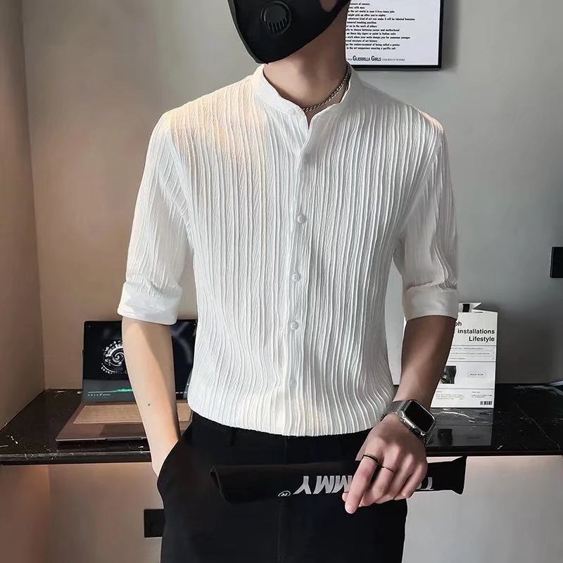 Áo Sơ Mi Tay Lửng Bằng Lụa Lạnh Màu Trắng Đen m-3xl Phong Cách Hàn Quốc Cho Nam
