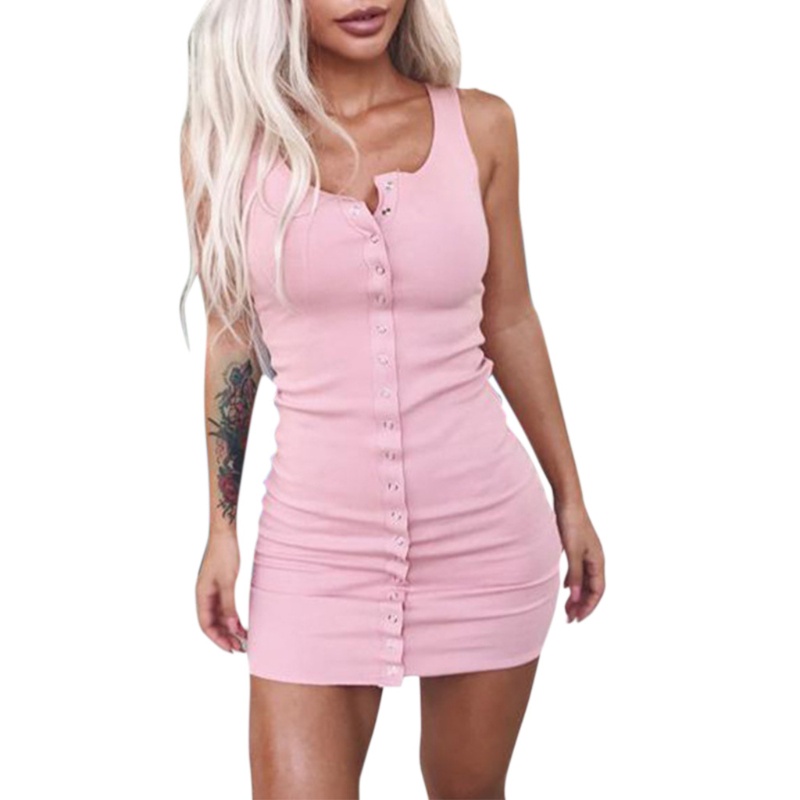 Xiangbao Đầm Mini Cổ Chữ V Không Tay Cài Nút Thời Trang Mùa Hè Dự Tiệc Cho Nữ