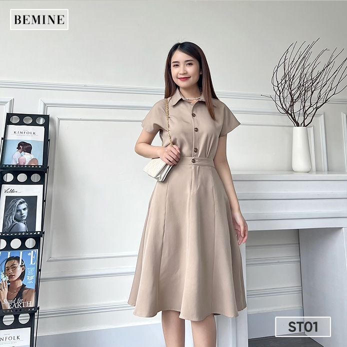 Set chân váy áo sơ mi cánh dơi đính nút BEMINE ST01