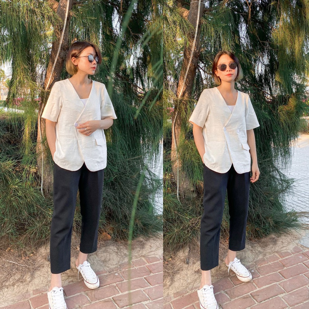 Áo Khoác Nữ Áo Blazer Nữ Form Rộng Màu Trắng Đen Thiết Kế Nút Bọc Sang Trọng Thanh Lịch QuDu Design - Ảnh Thật