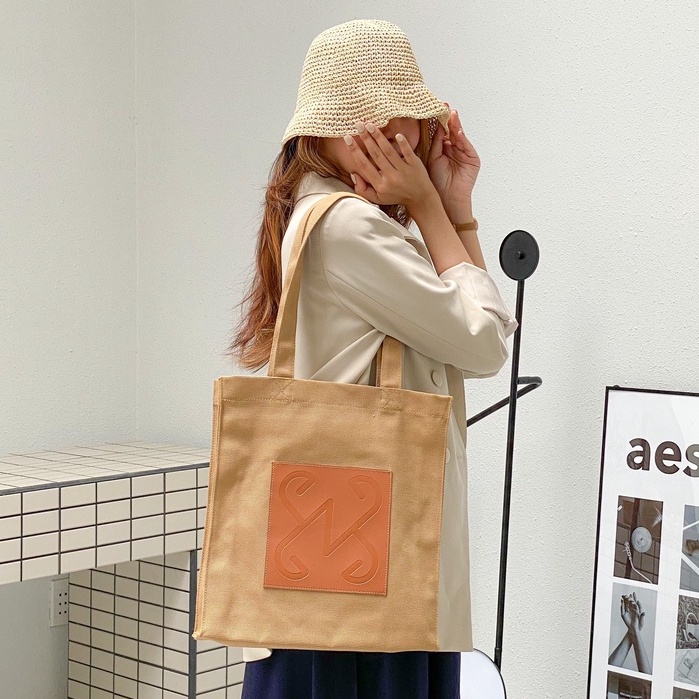 Túi Vuông Tote vải canvas mix da tinh tế