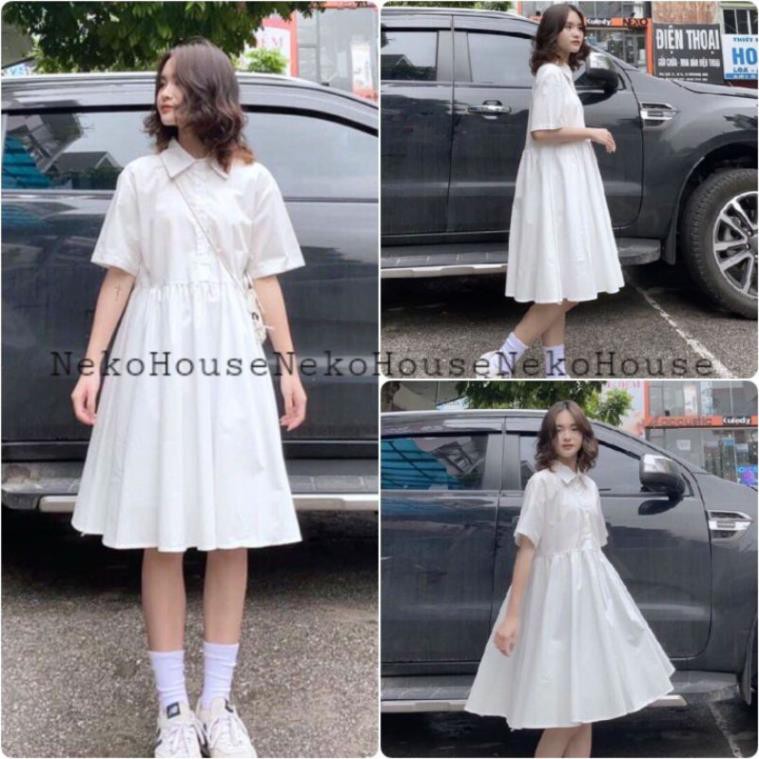 Váy babydoll trắng tay lỡ cổ sơ mi form thụng ( Có Video tự quay + Ảnh thật) !