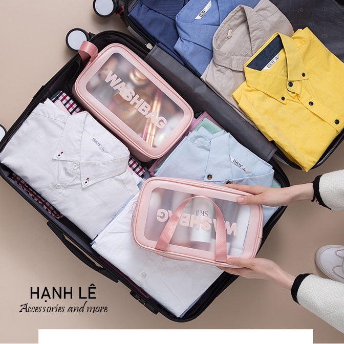Bộ 3 túi Washbag Hồng trọn bộ để đi du lịch, đi chơi, chống thấm nước và bụi bẩn tốt, chất liệu PU trong suốt