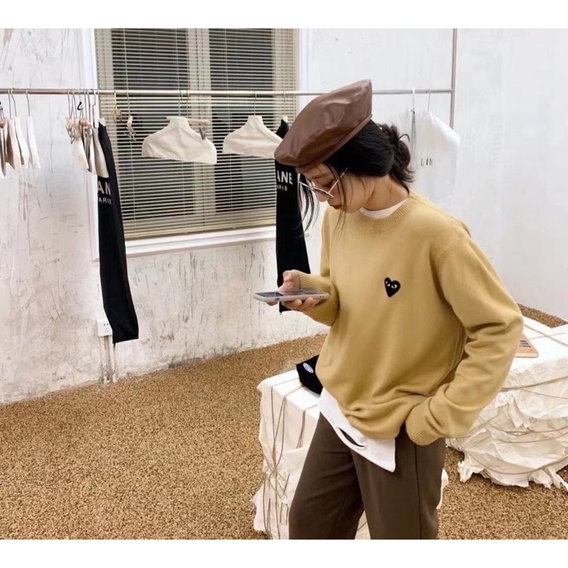 Áo len BTS V, sweater áo len cổ tròn unisex Play CDG thêu trái tim, chất len cao cấp
