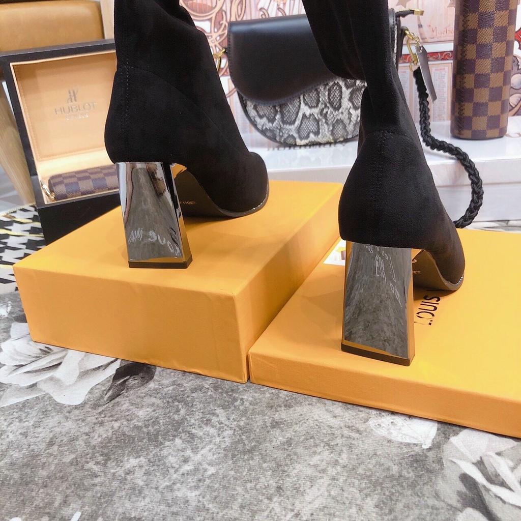 Giày bốt thời trang nữ QC ❤️FREESHIP❤️ Boots đùi nỉ nhung co giãn hot trend mũi nhọn đế vuông 9007-12