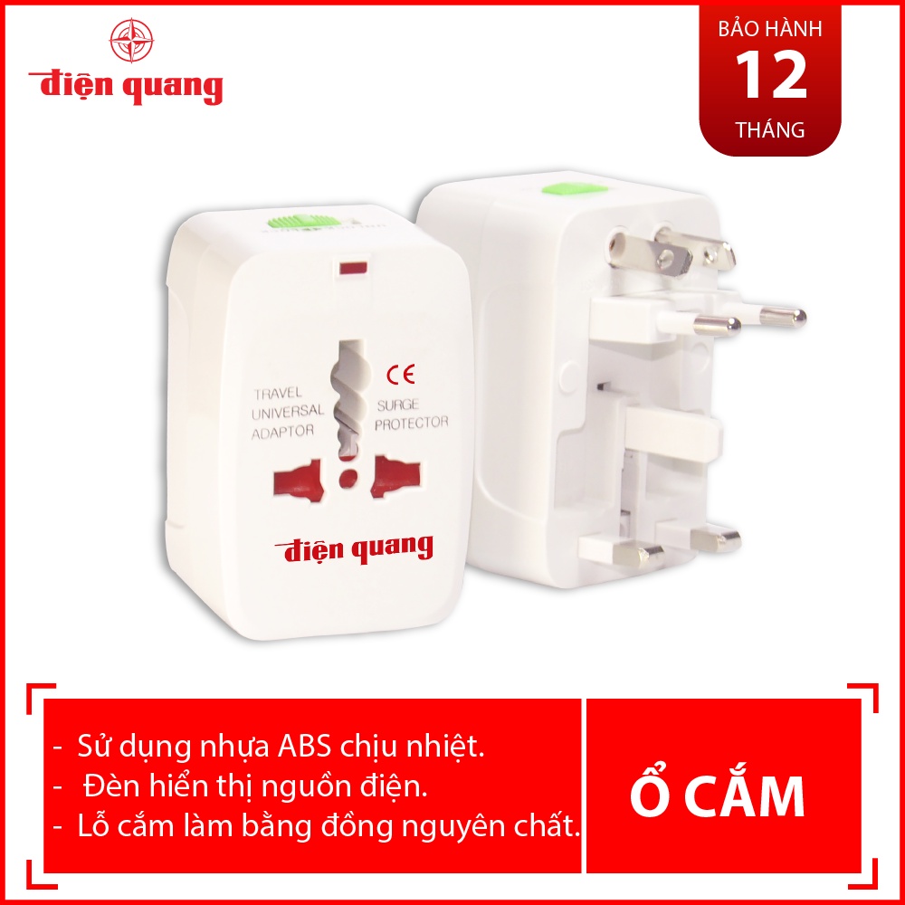 Ổ cắm du lịch Điện Quang ĐQ ESK TV01 - Màu trắng- chịu nhiệt - tự ngắt điện khi quá tải
