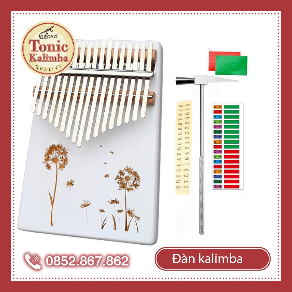 Đàn kalimba 17 phím nguyên khối hoa bồ công anh tặng búa chỉnh âm, giấy dán đàn kalimba IME-027