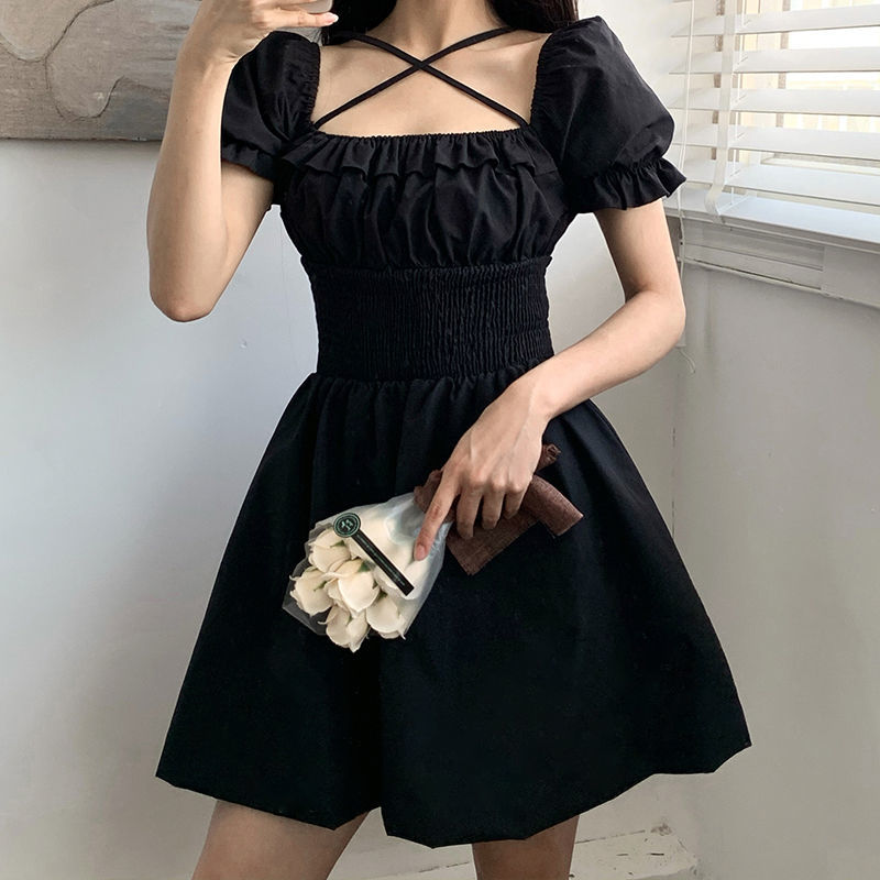 Palace Style Pleated Waist Tight Square Collar Black Dress Cross Lace up Slimming Puff Sleeve Dress Women's High WaistAWord Skirt【3Month18Day After】