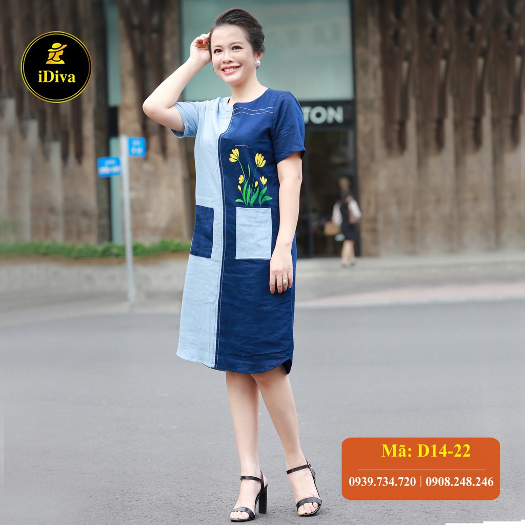 Đầm suông trung niên Cao Cấp iDiva D14-22 chất liệu Linen cao cấp mềm, hoa vẽ ,bigsize phù hợp u50 dự tiệc & dạo phố