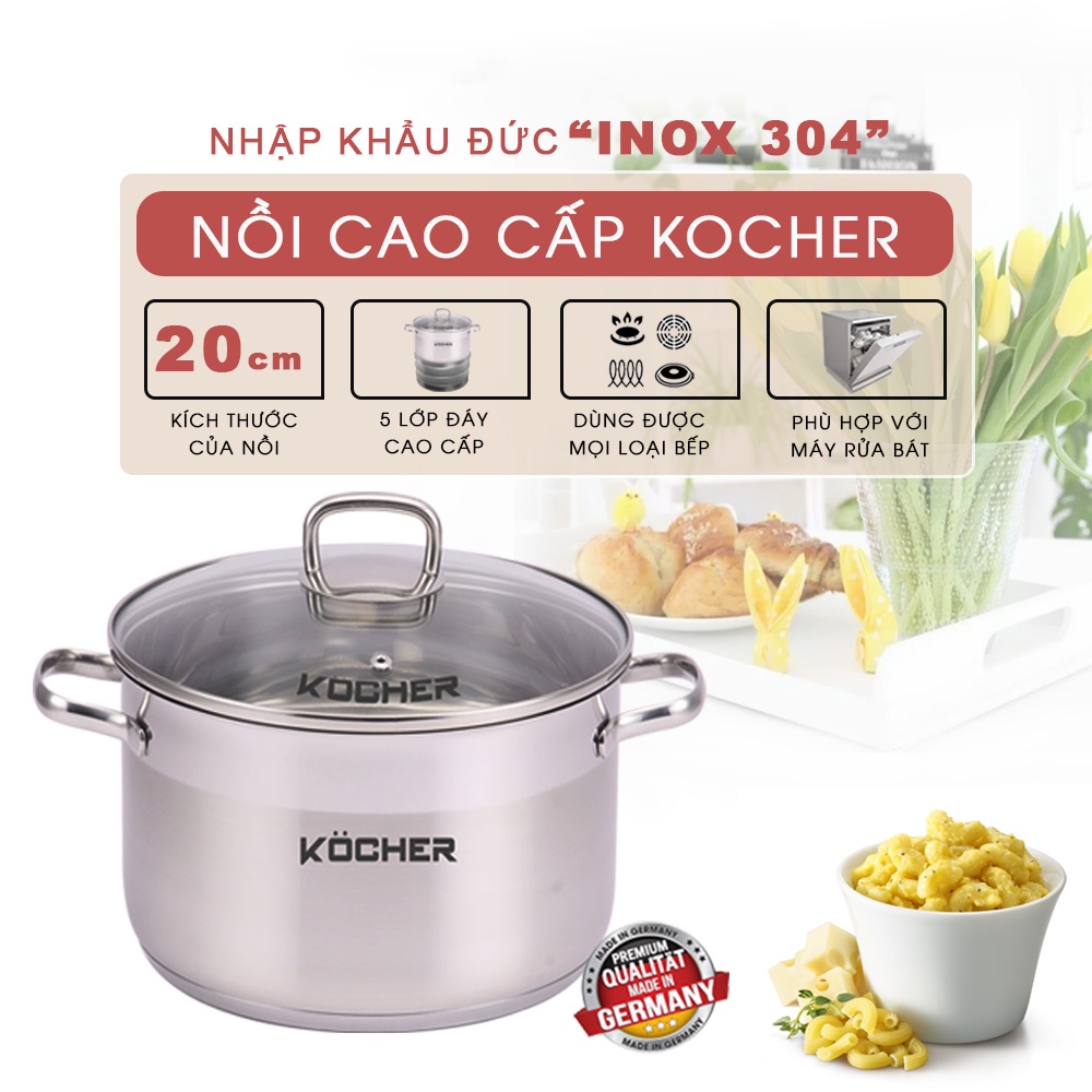 Nồi inox 304 nấu bếp từ 5 đáy cao cấp KOCHER size 20cm - Hàng nhập khẩu Chính hãng