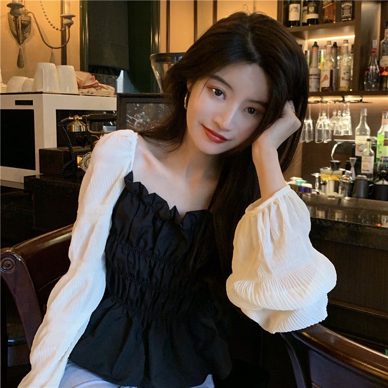 COZOK Áo Sơ Mi Chiffon Tay Dài Dáng Ôm Màu Tương Phản