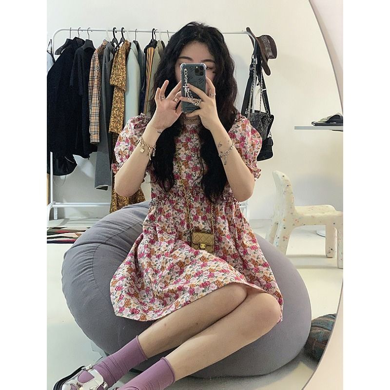 French round neck floral short-sleeved dress women's summer 2022 new Korean style high waist slimming A- line dress