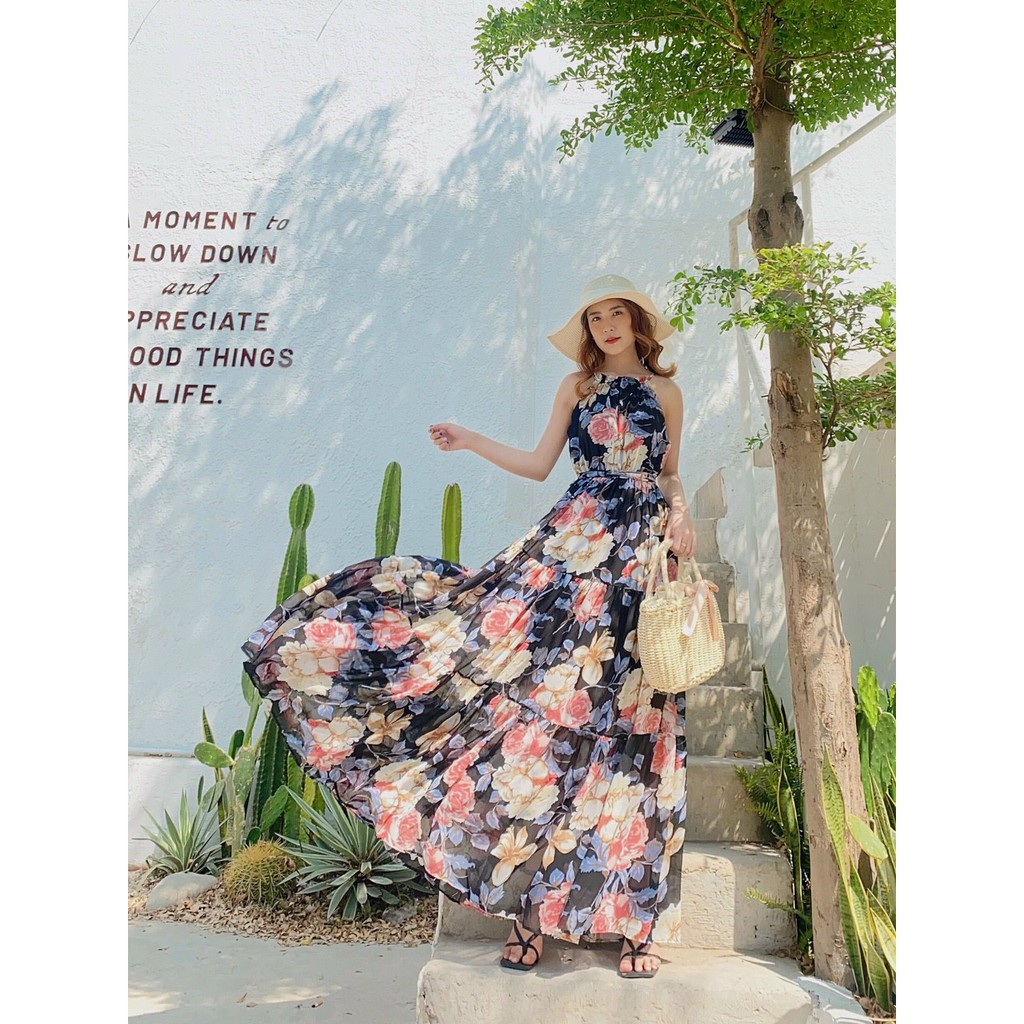 Maxi 2 dây yếm hoa xếp tầng phối eo bo chun siêu sang nun nha | BigBuy360 - bigbuy360.vn