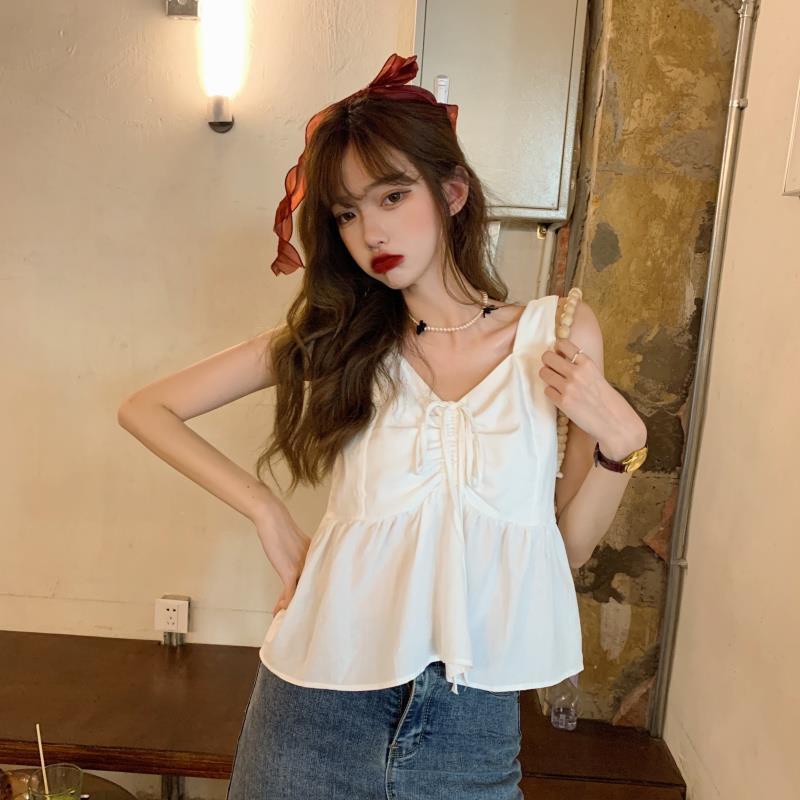 Jiashucheng Áo Sát Nách Rút Dây Màu Trơn Kiểu Retro Thời Trang Mùa Hè 2023