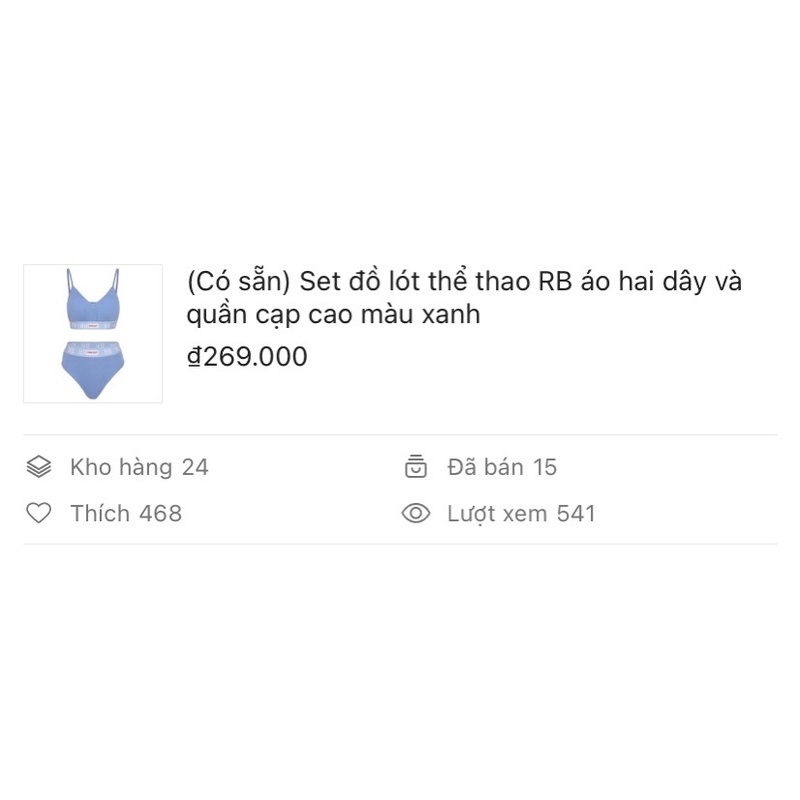 (NGỘ SẴN) Bộ đồ lót thể thao RB áo hai dây có mút và quần lót cạp cao màu xanh | BigBuy360 - bigbuy360.vn
