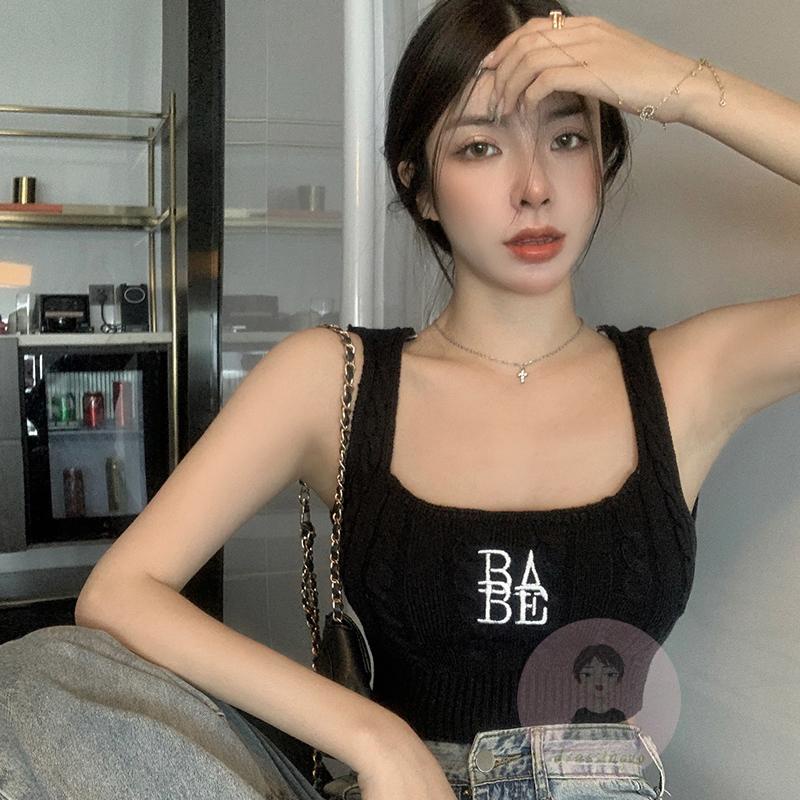 Áo Tank Top Nữ Cổ Chữ U Thêu Chữ Màu Xanh Lá / Trắng / Đỏ / Đen