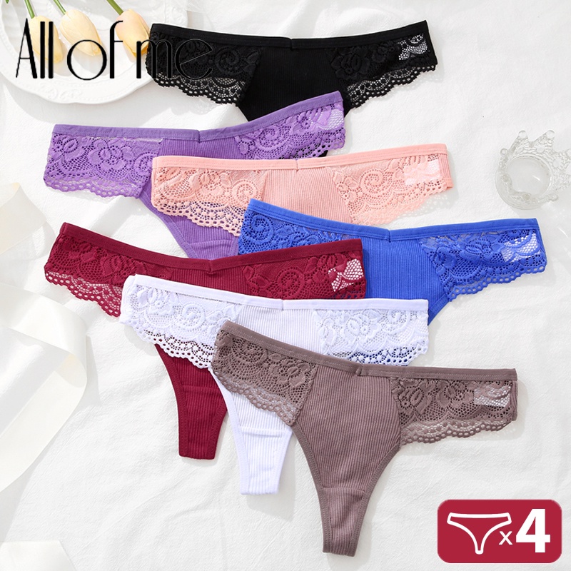 Cute Byte Bộ 4 Quần Lót Cotton Chữ T Phối Ren Hoa Rỗng Dễ Thương Cho Nữ