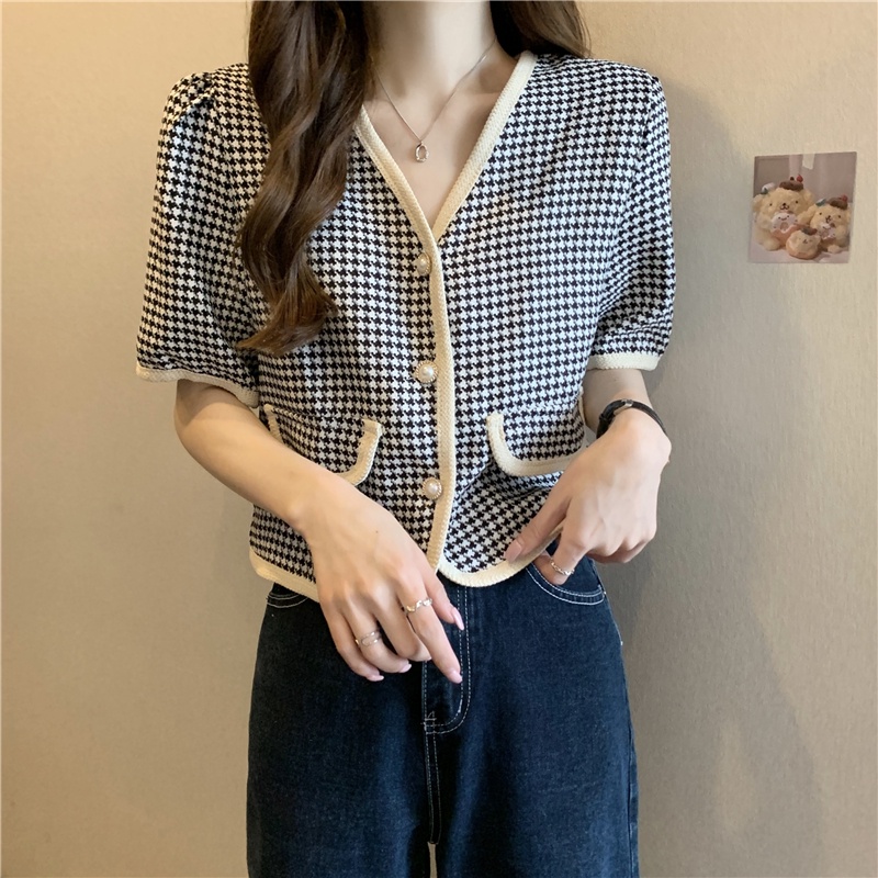 Áo Dệt Kim Nữ Màu Hồng, Ghi Cổ V Tay Ngắn Dáng Rộng Có Túi Nắp Họa Tiết ZicZac Caro Thời Trang Phong Cách Hàn Quốc