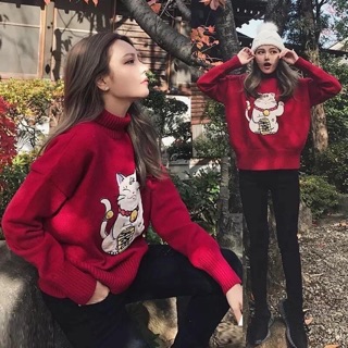 Áo len mèo thần tài đỏ