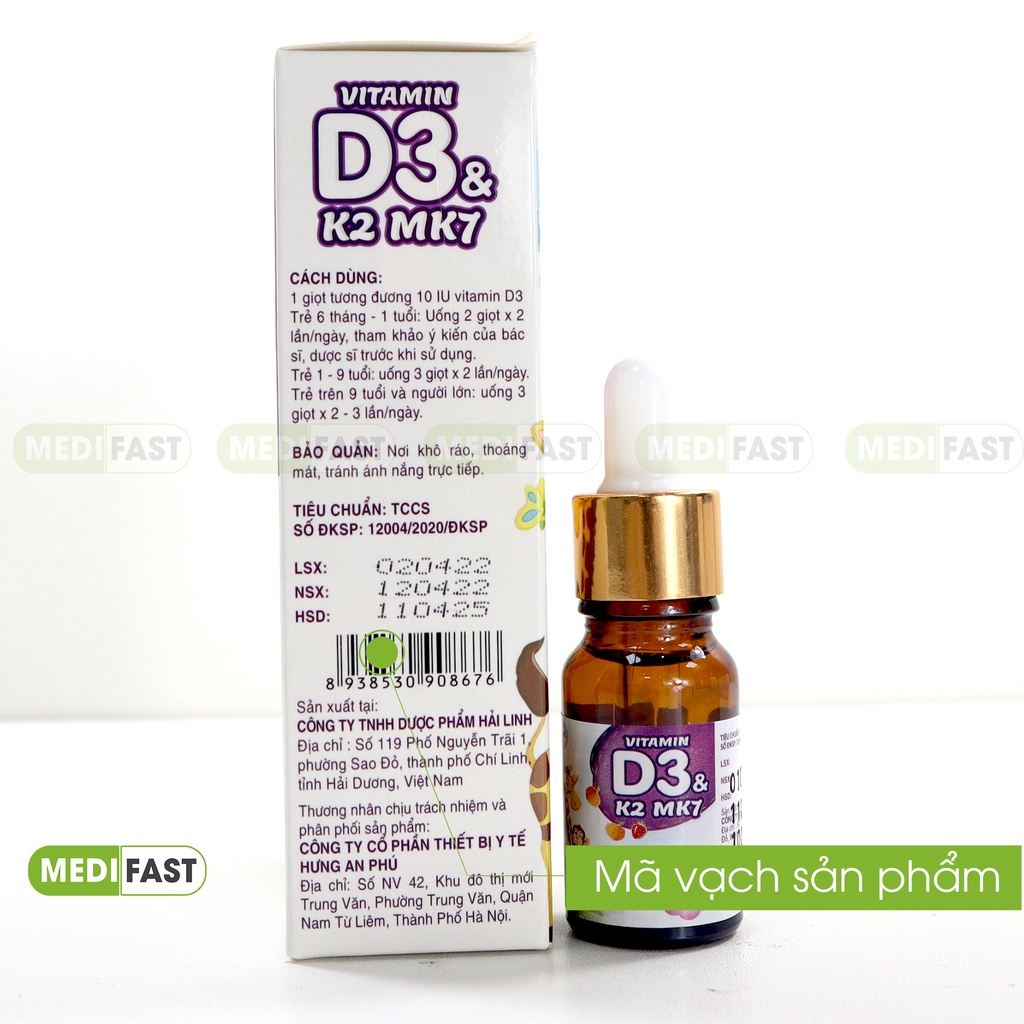 Siro bổ sung Vitamin D3 K2 Mk7 cho bé - Tăng cường hấp thu Canxi phát triển chiều cao k2d3 - Chai 10ml