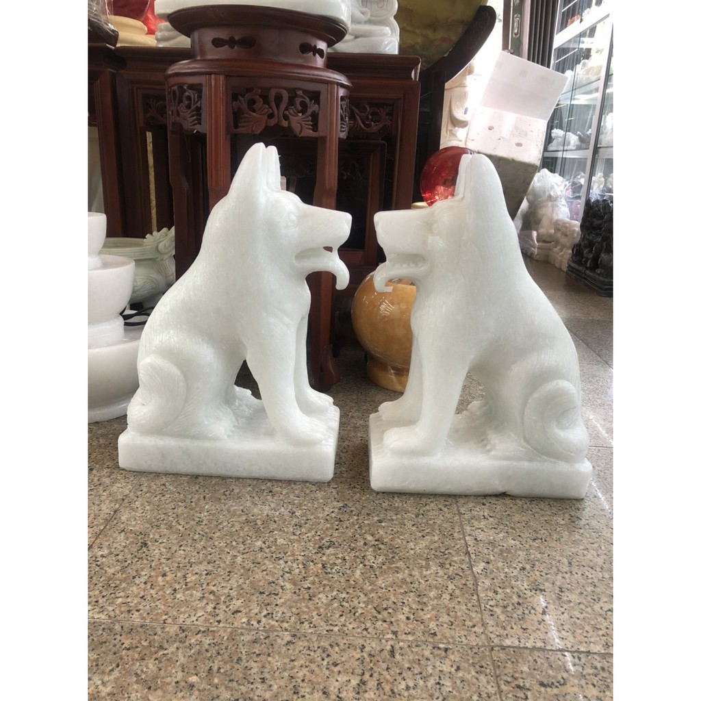 Cặp tượng chó đá phong thủy đá trắng gác cổng - Cao 40 cm