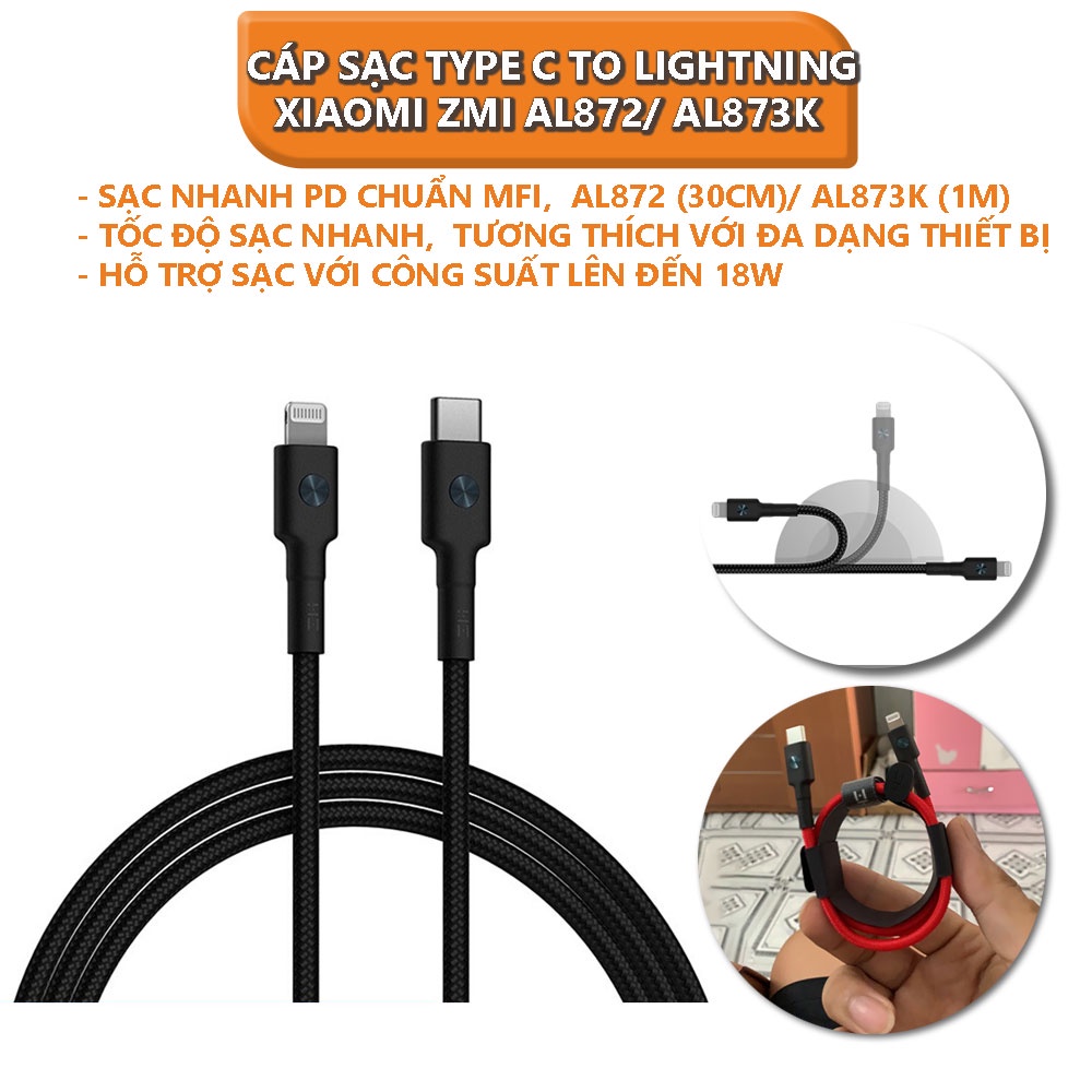 Dây Cáp Sạc nhanh PD chuẩn MFI Xiaomi ZMI AL872 (30cm)/ AL873K (1m) Type C to Lightning bọc Kevlar