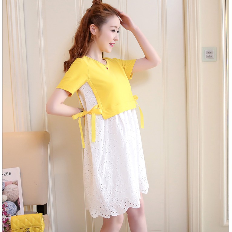 Đầm bầu tay ngắn phối ren chất liệu cotton size M-2XL trẻ trung