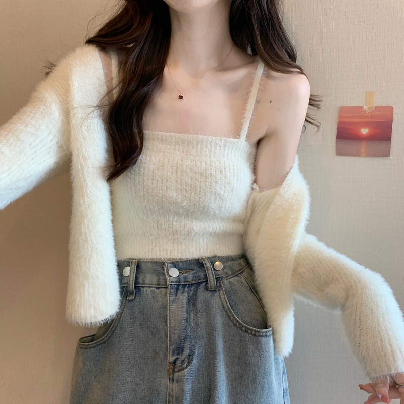 55938 Sling Dệt Kim Mềm + Áo Len Cardigan Hai Mảnh