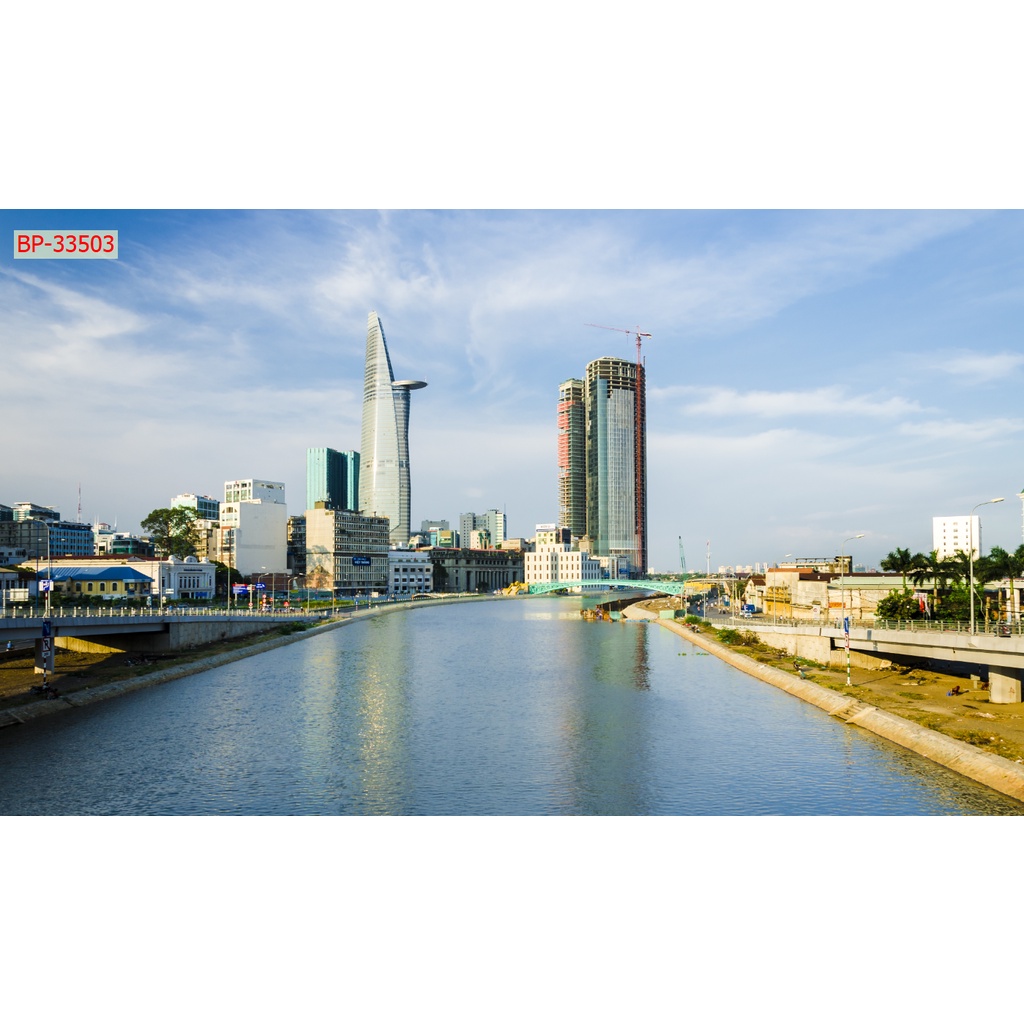 Tranh dán tường sài gòn 3D lung linh về đêm, nhà cao tầng, Miễn Phí chèn tên riêng Quán, chèn chữ và logo theo yêu cầu.