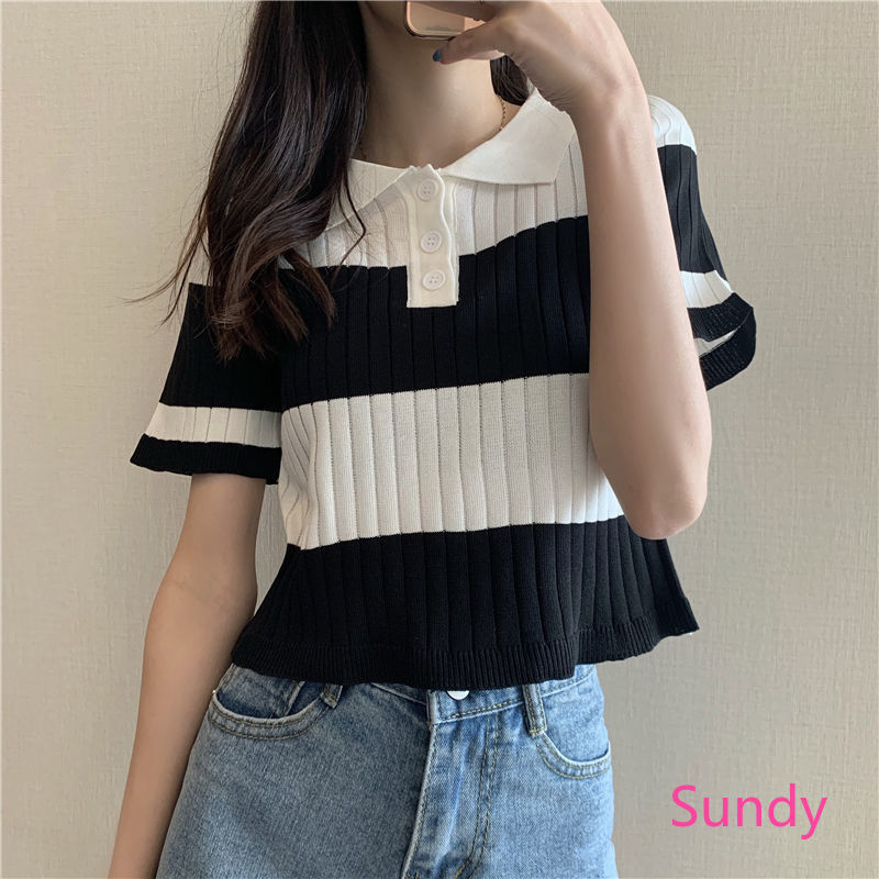 Áo Croptop Kẻ Sọc Xinh Xắn Phong Cách Hàn Quốc Cho Nữ