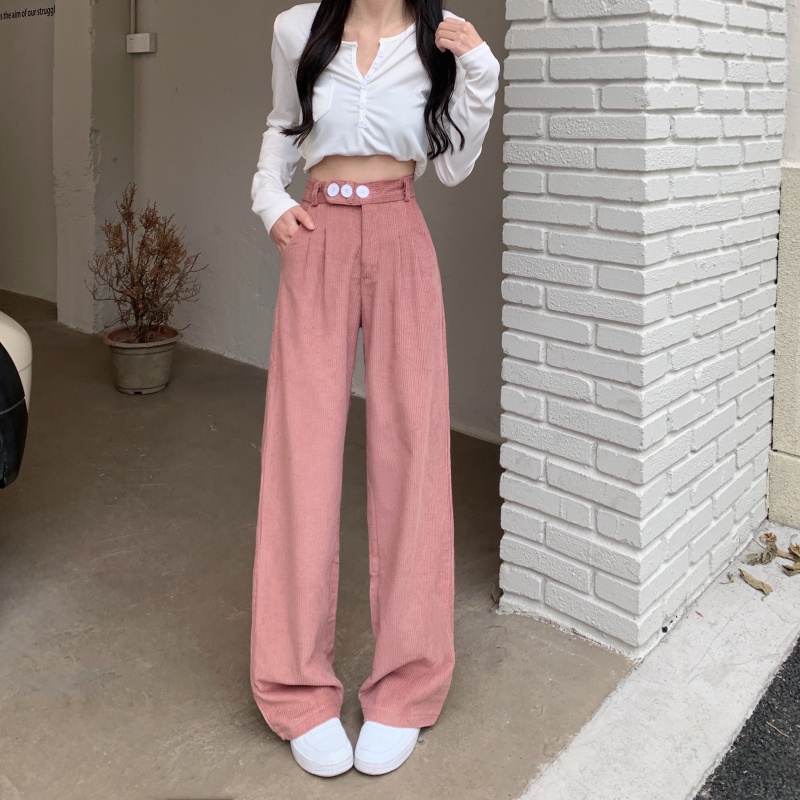 QADCOL Quần Nhung Dài Ống Rộng Lưng Cao Màu Sắc Đơn Giản Thời Trang Hàn Quốc