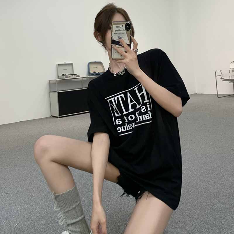 Áo thun ZHELIHANGFEI ngắn tay dáng rộng in chữ cá tính thời trang dễ phối đồ