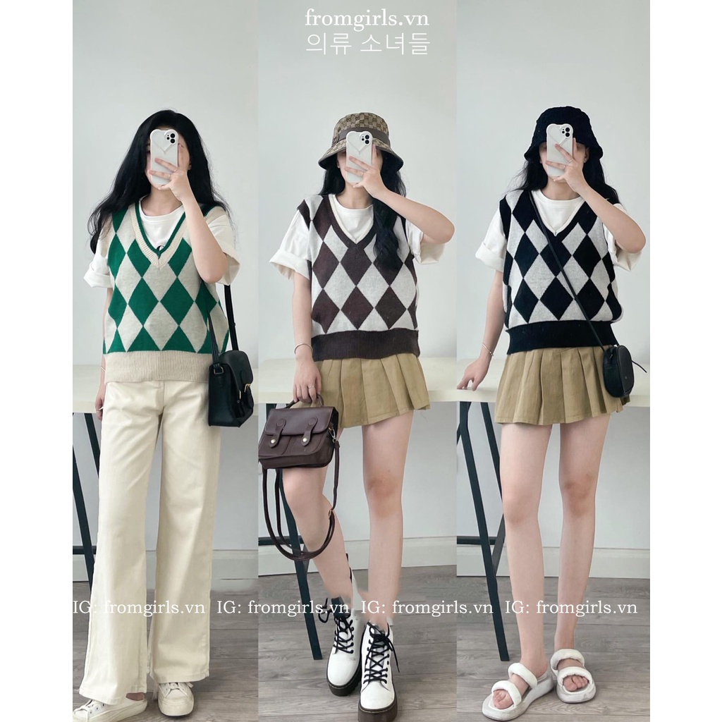 Áo gile len mỏng dáng lửng, áo len gile cổ V kẻ trám 4 màu - AL10