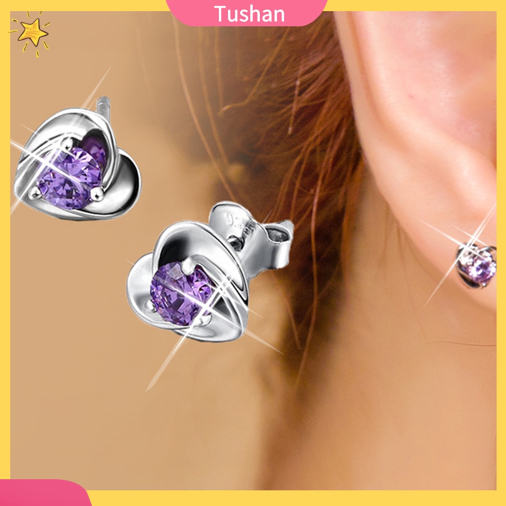 TUSH Lady Rhinestone Inlaid Heart Ear Stud Earrings Women Jewelry Valentine Day Gift