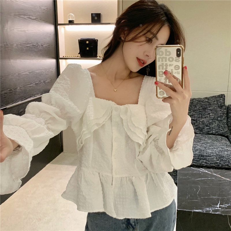 Áo Ngắn Cổ Vuông Phối Bèo Thời Trang Mùa Hè Quyến Rũ Cho Nữ