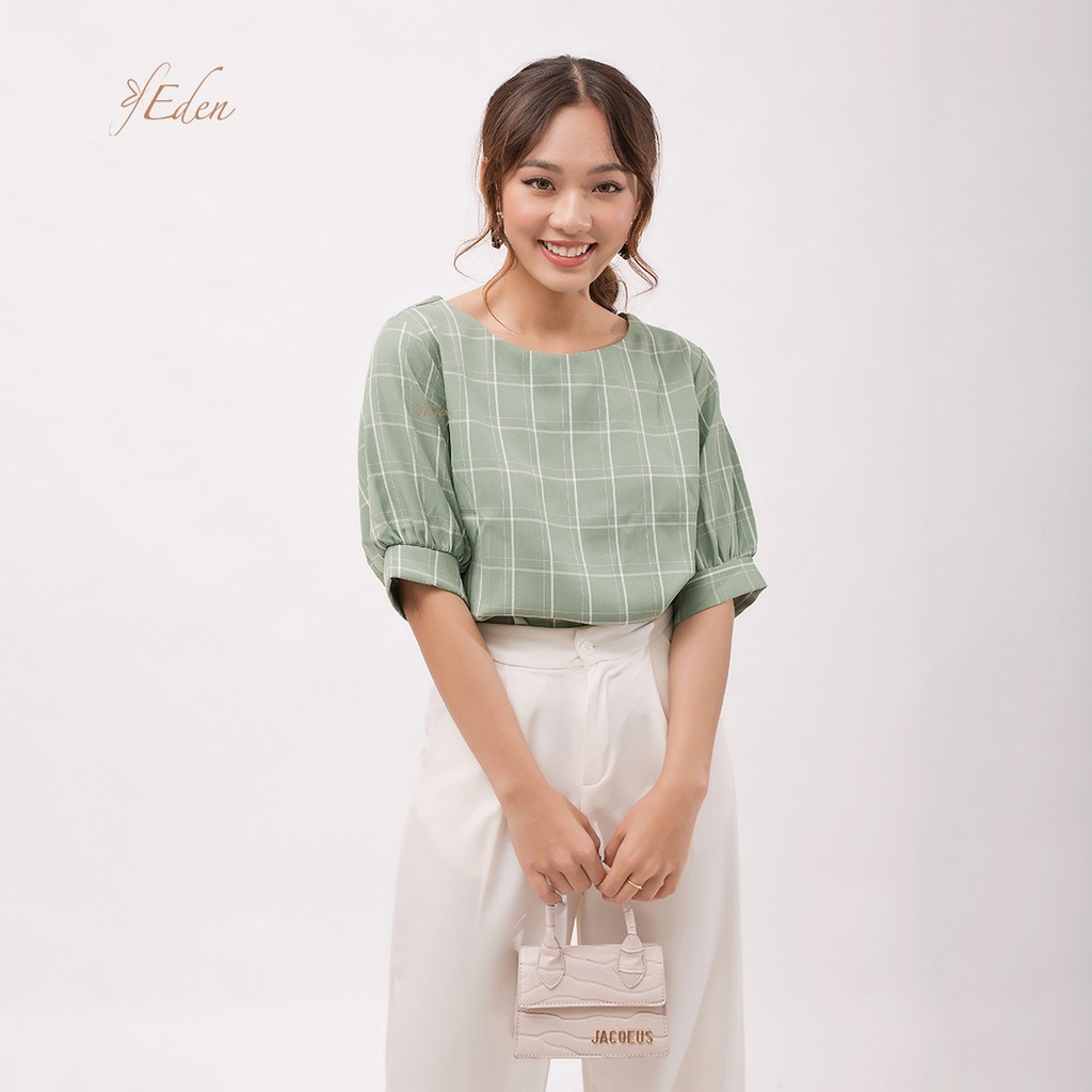 [Mã WABRM4  giảm 15% tối đa 50k đơn 150k] Áo Kiểu Nữ Công Sở Thời Trang Eden Caro Phom Rộng Phối Nút - Asm063 | BigBuy360 - bigbuy360.vn
