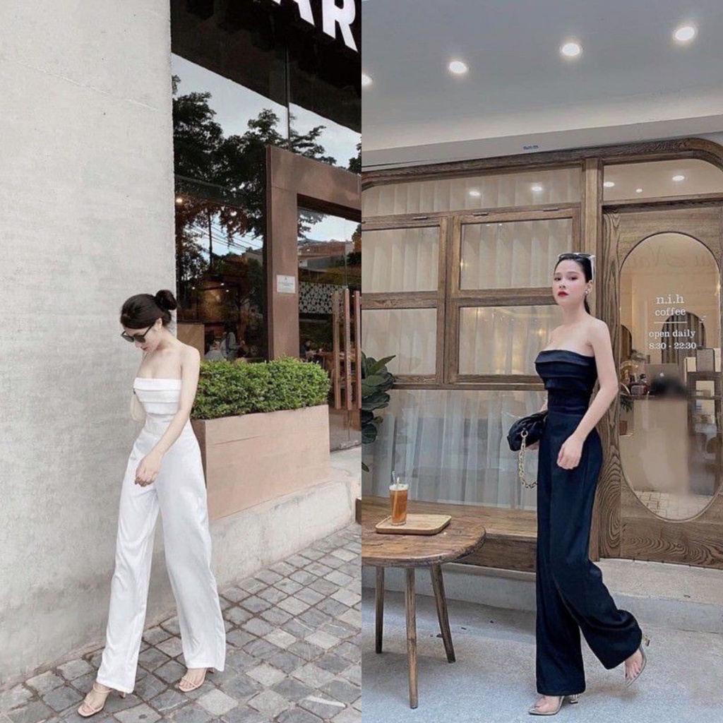 Jumpsuit Ống Suông Cúp Ngực Xếp Li Tôn Dáng