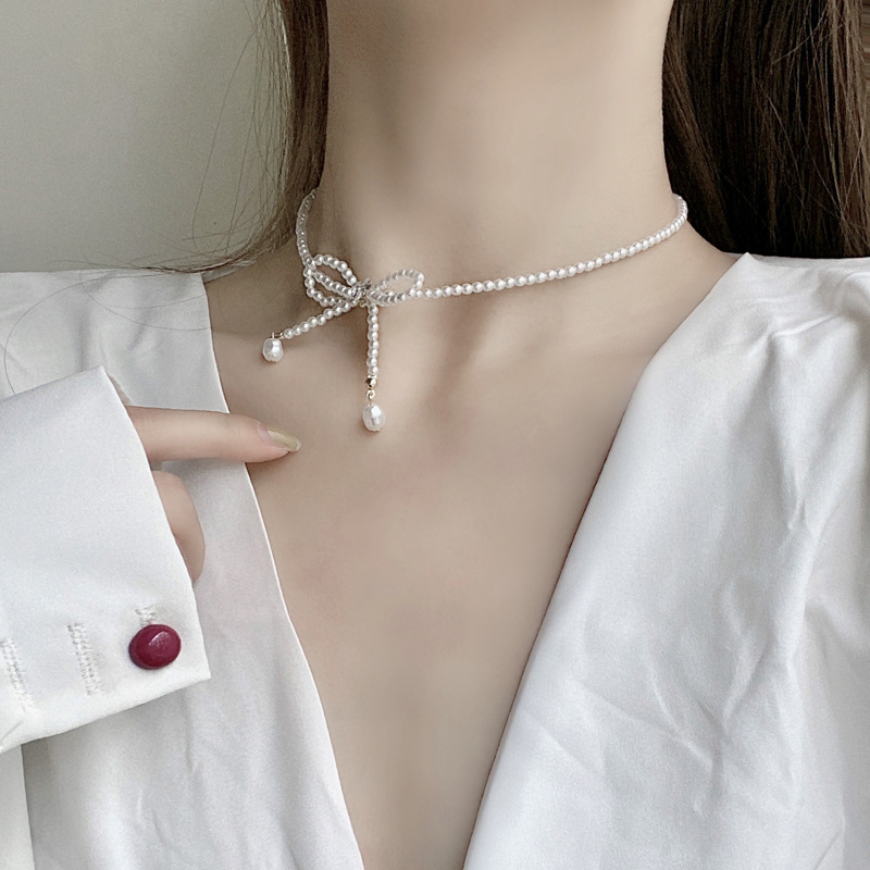 Vòng cổ Mặt Nơ Đính Ngọc Trai Đơn Giản Thời Trang