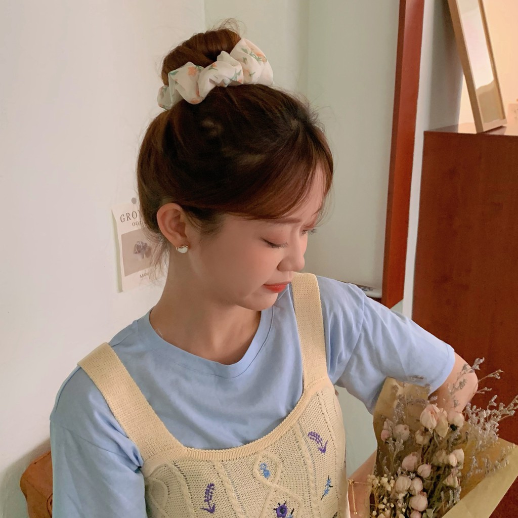Scrunchies Cột Tóc Vải Lưới LIN Họa Tiết Hoa