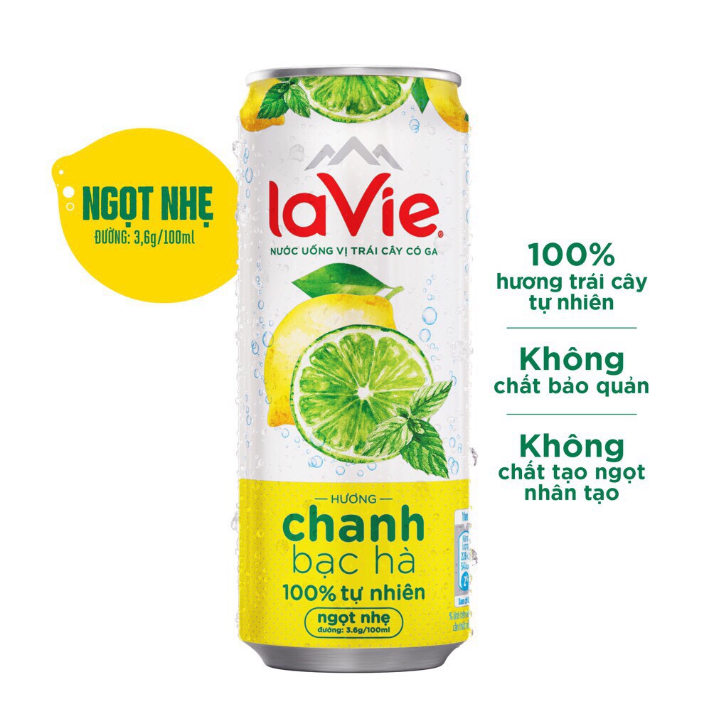 Combo 6 Lon Nước giải khát có gas LaVie Sparkling hương Chanh bạc hà / Dưa Hấu kiwi/ Bưởi Mơ/Chanh muối 330ml [HSD 2021]