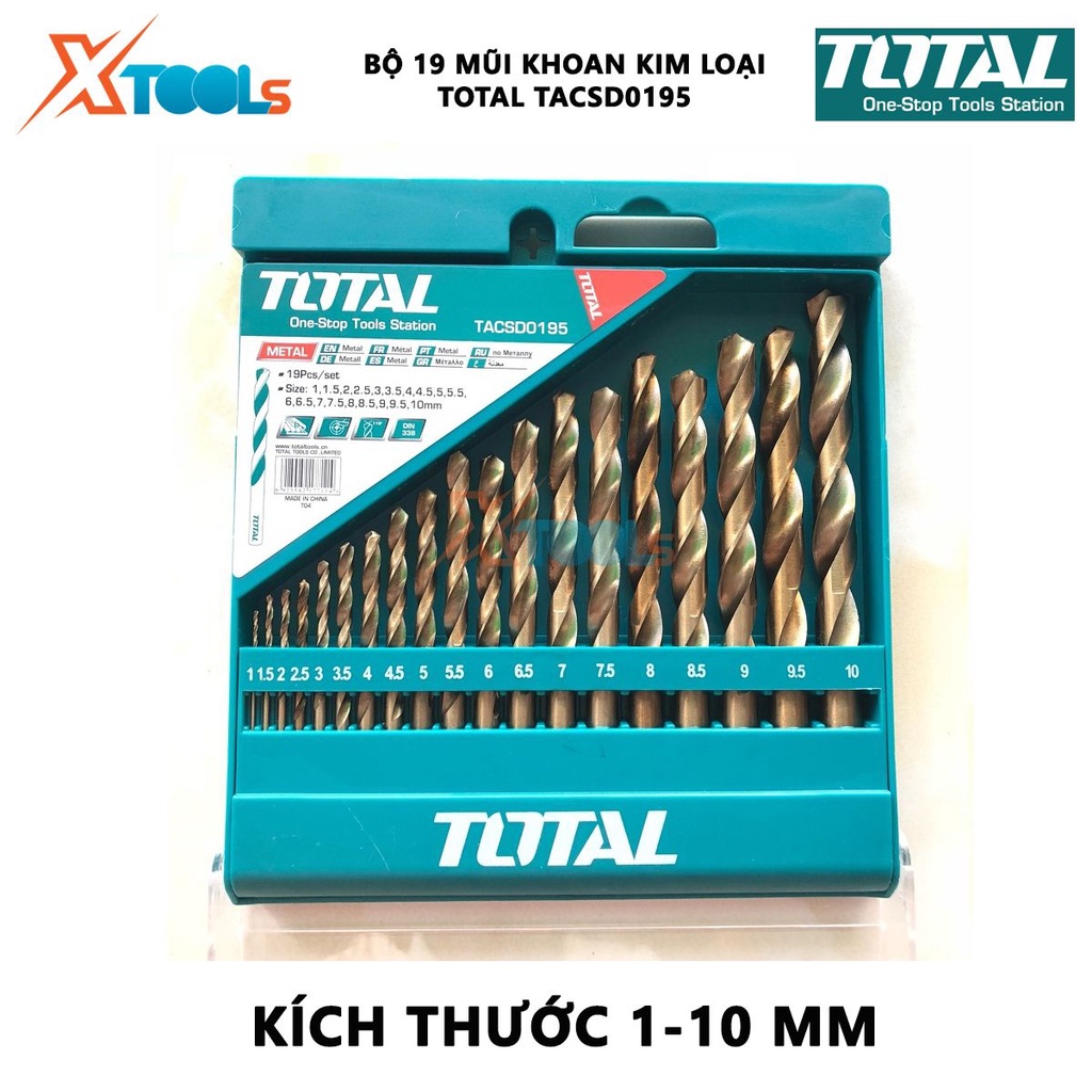 Bộ 19 mũi khoan hss TOTAL TACSD0195 Combo mũi khoan kim loại 19 mũi có kích thước từ 1 - 10 mm, mũi khoan hợp kim thép,