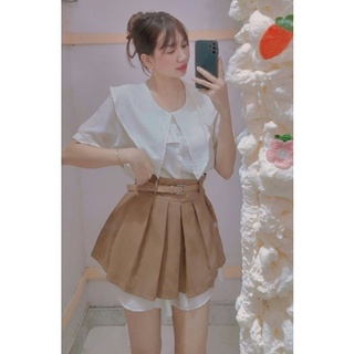 Set áo sơ mi cổ sen,mix chân váy xếp ly 2 tầng