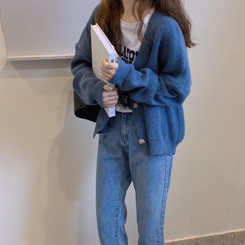 Áo khoác Cardigan dệt kim tay dài cổ chữ V dáng rộng mềm mại phong cách Hàn Quốc thời trang thu đông cho nữ