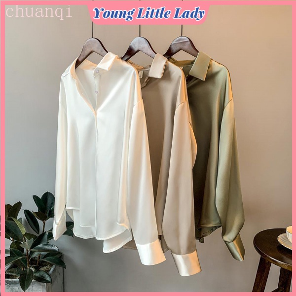 Áo Sơ Mi Tay Dài Dáng Rộng Bằng Satin Thời Trang Cổ Điển Dành Cho Bạn Nữ
