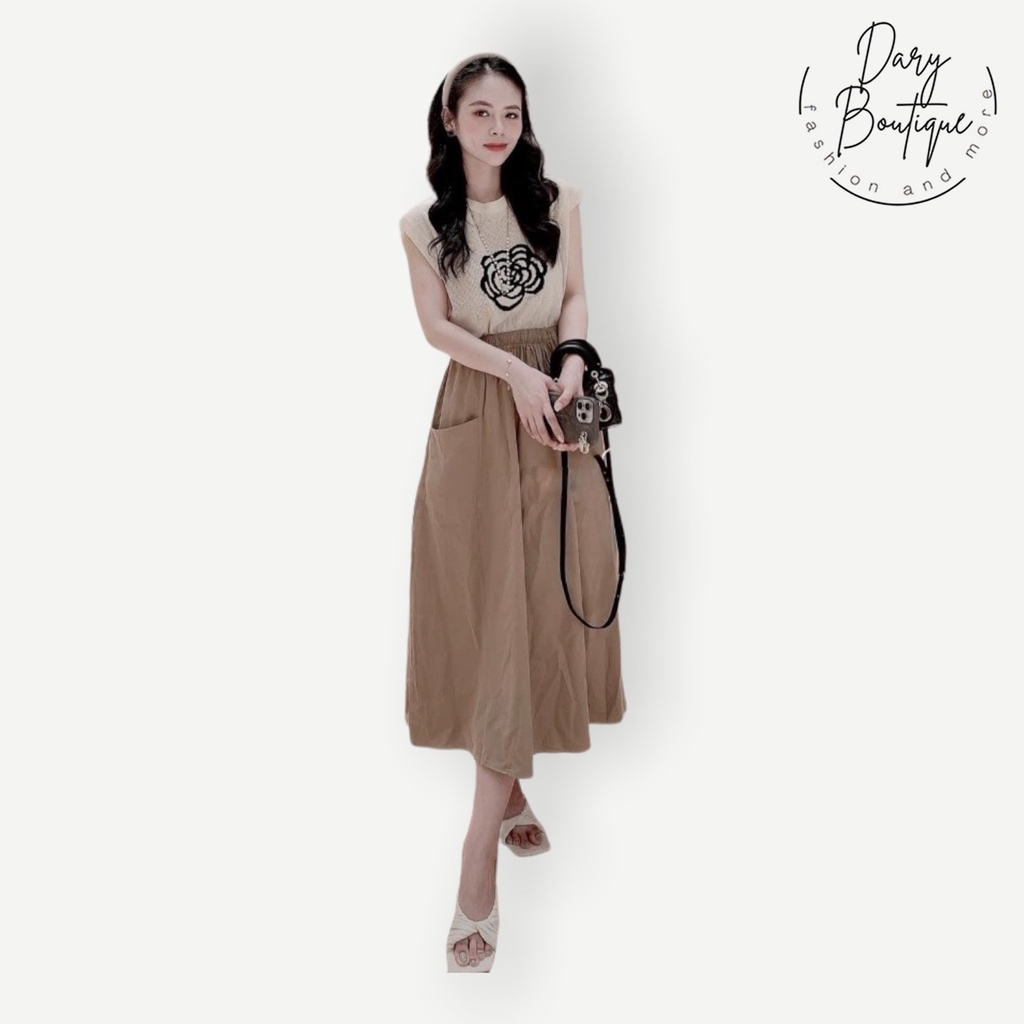 Set đồ nữ áo hoa trà mix chân váy nâu siêu xinh DARY, chân váy kaki có túi, áo len tăm thêu hoa DS108